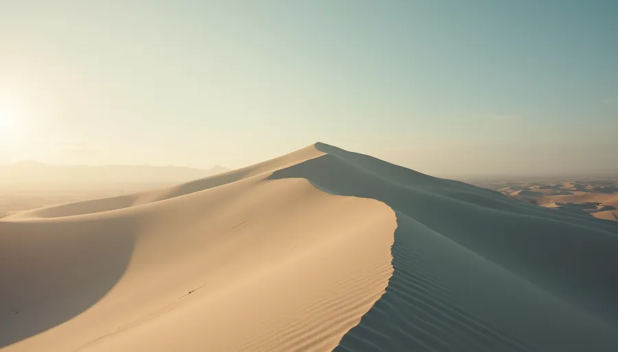 A dune ridgeline at first light, wind-carved sand in long shadow