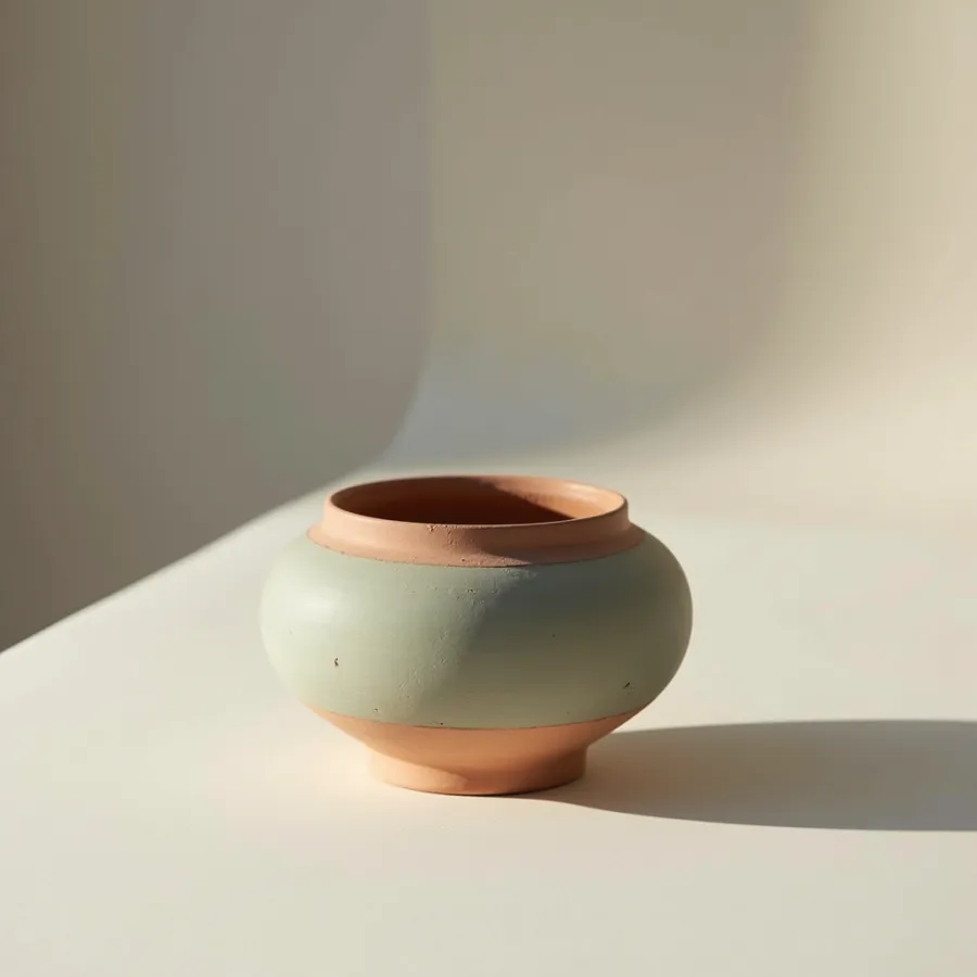 A single unglazed terracotta vessel on a seamless bone-white sweep