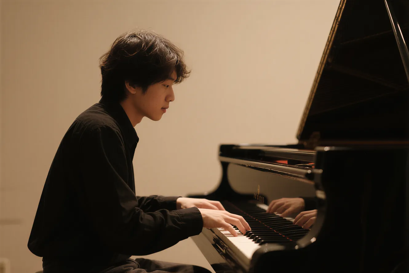 A person at a grand piano, lit from one side